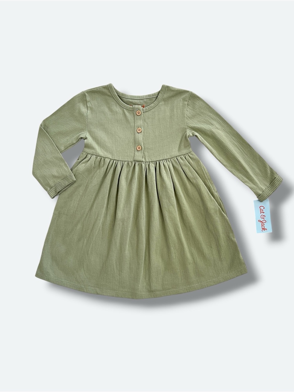 Cat & Jack Girls 2T Sage Green Long Sleeve Textured Knit A-Line Dress Pockets